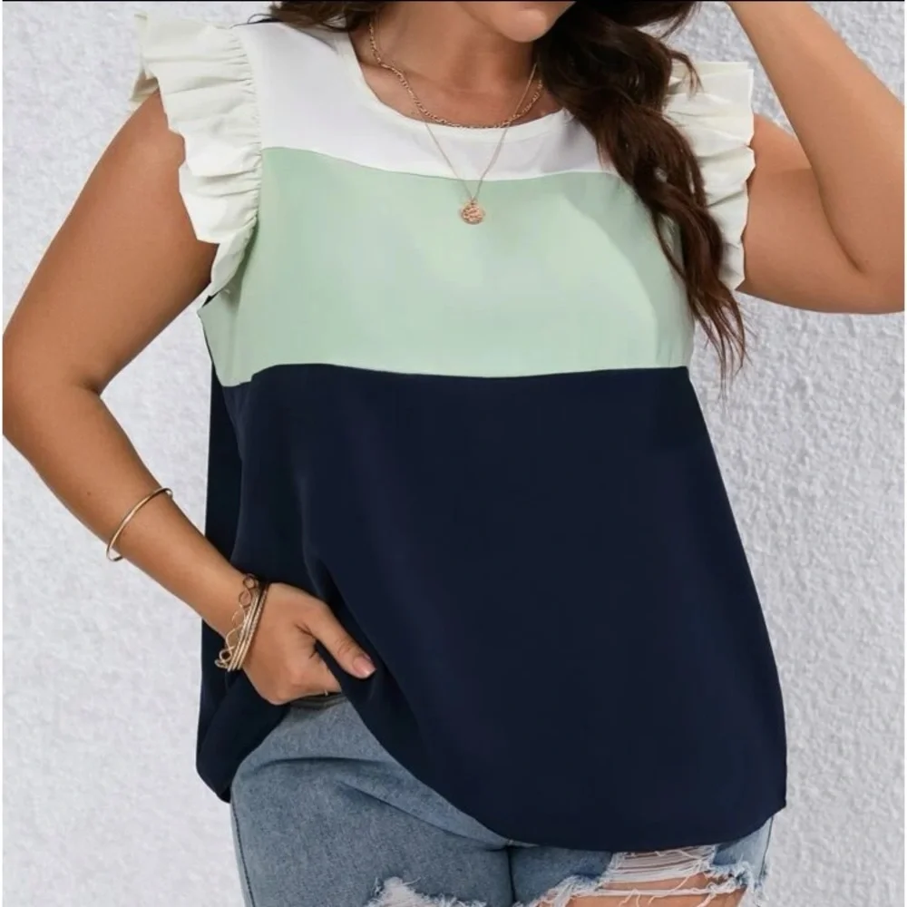 SHEIN LUNE Plus Colorblock Ruffle Trim Blouse - Picture 1 of 1